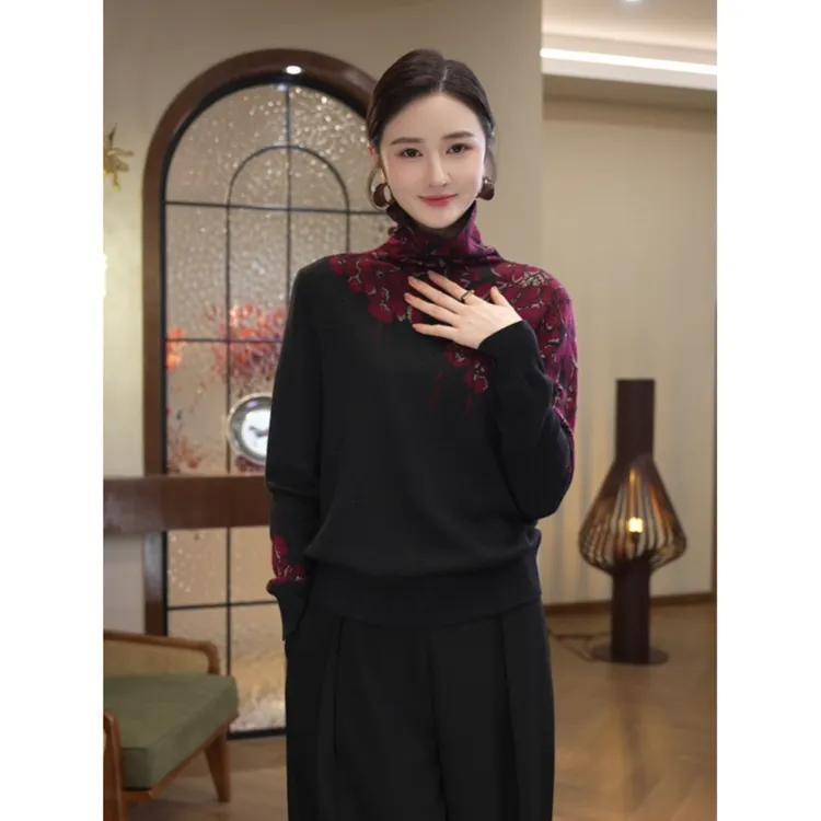 2025年秋冬新款【6129】含绵羊毛时尚红黑色打底针织衫毛衣提花女款