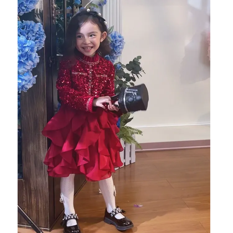 【中国红】原创GWD洋气时尚重工女宝小香风连衣裙女童公主裙T8836