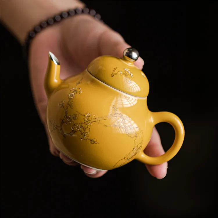 功夫茶壶描银陶瓷茶壶一人饮小茶壶泡茶过滤壶茶道用具单壶中式