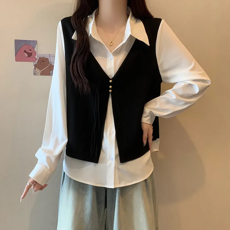 JM069专享大码微胖秋季百搭衬衫假两件上衣时尚洋气长袖显瘦衬衣