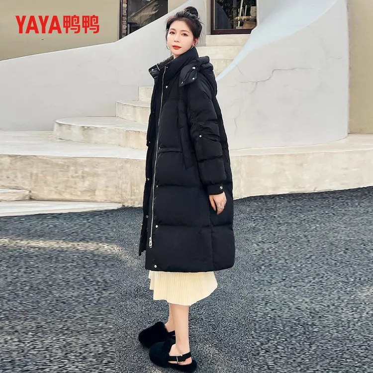 鸭鸭新款过膝羽绒服女连帽保暖休闲宽松羽绒服冬季小个子显瘦加厚