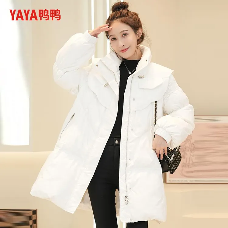 YAYA/鸭鸭中长款立领白羽绒服时尚小香风披肩潮流百搭女士ins收腰