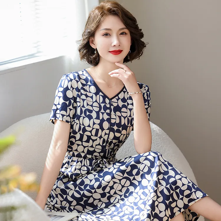 夏季新款真丝桑蚕丝女装连衣裙收腰显瘦格子中长款裙子千鸟格