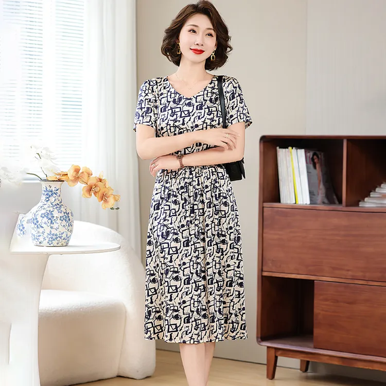 真丝印花连衣裙中长款女桑蚕丝气质长裙子显瘦减龄妈妈装短袖夏季