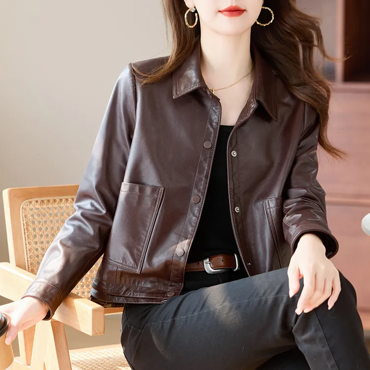 海宁皮衣女休闲外套山羊皮油蜡全植鞣羊绒小个子新款时尚皮衣女