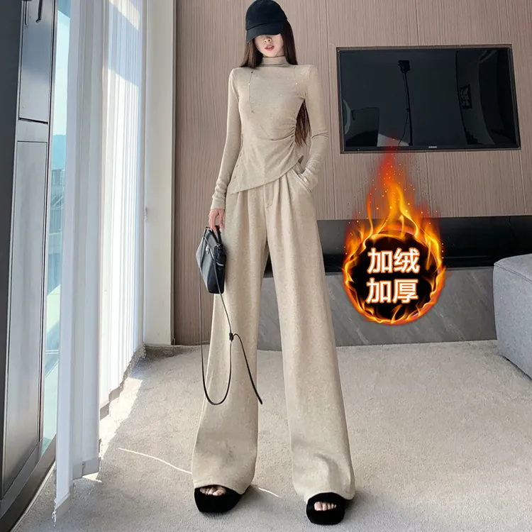 高级感韩系时尚套装女秋冬新款不规则上衣高腰显瘦加绒阔腿拖地裤