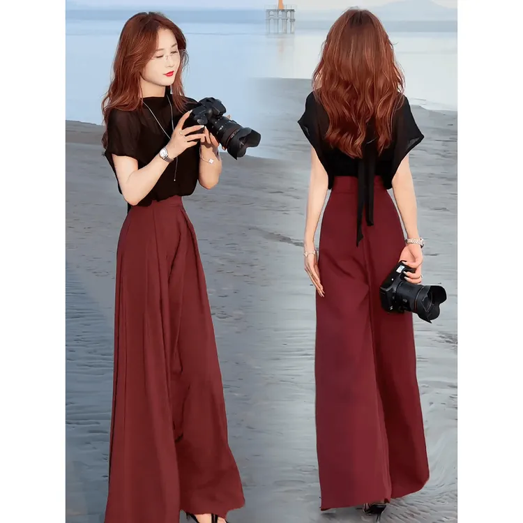 时尚套装女2024夏新款洋气减龄气质短袖上衣高腰显瘦阔腿裤两件套