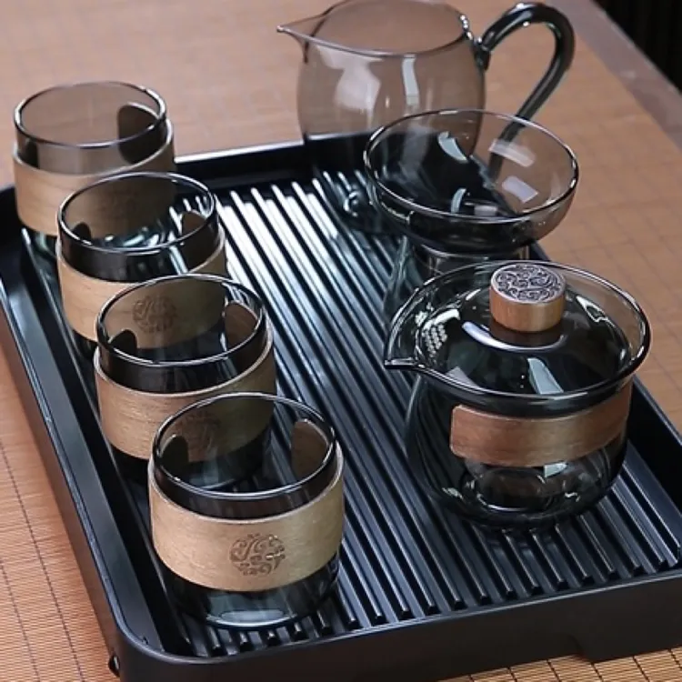 耐热玻璃盖碗茶杯家用防烫泡茶碗带盖单个手抓壶功夫茶具茶盘套装