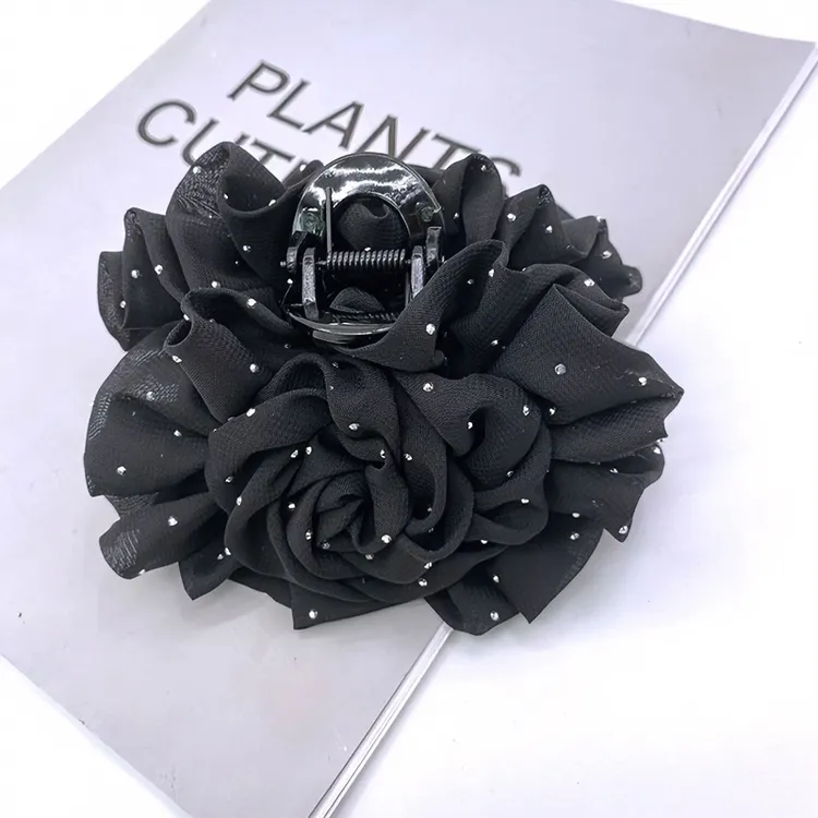 新款黑色双面雪纺玫瑰花轻奢抓夹气质满天星鲨鱼夹ins风百搭发饰