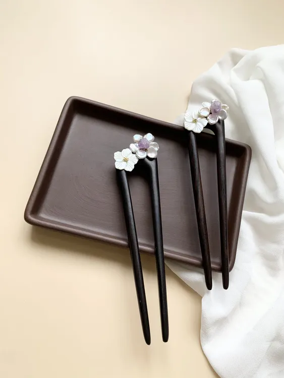 胡不喜与簪 天然Z ZHU紫水晶U形簪 黑檀木盘发钗新中式古典发簪子