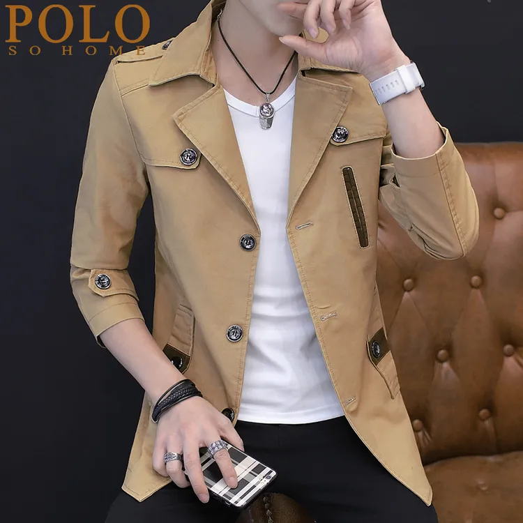 保罗春秋季纯棉商务休闲夹克男士外套纯色中长款风衣褂子西装领男