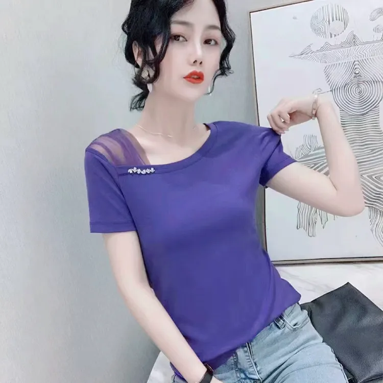 【韩紫朵 】夏季不规则领洋气漏肩网纱时尚百搭t恤显瘦短袖96603