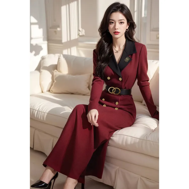 2024年冬季法式轻奢高级感厅里厅气重要场合气质安可拉红色连衣裙