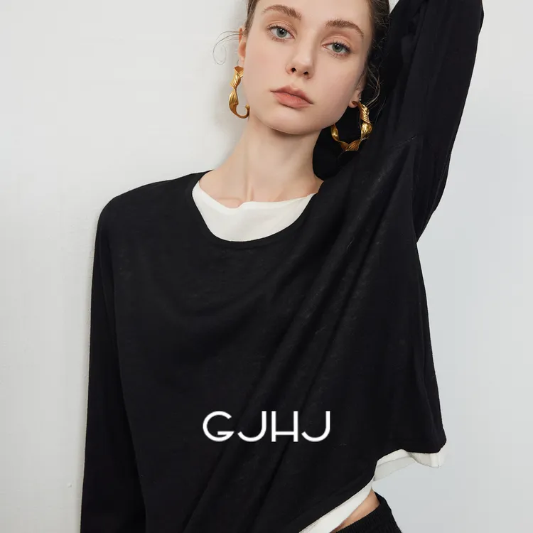 gjhj【智尚】慵懒秋日山羊绒高暖轻盈圆领假两件长袖打底氛围感