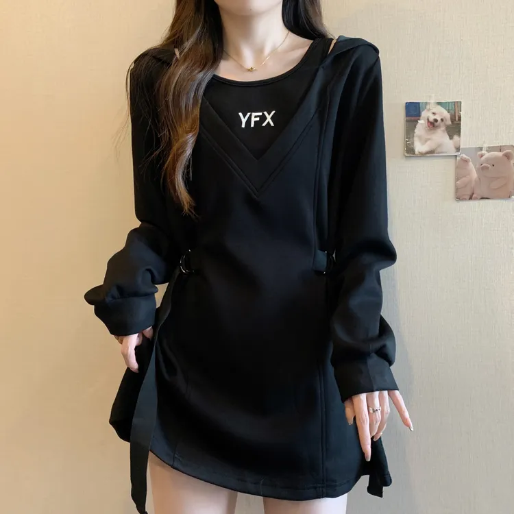小众设计感收腰连帽卫衣连衣裙女大码胖mm遮肚子显瘦假两件A字裙