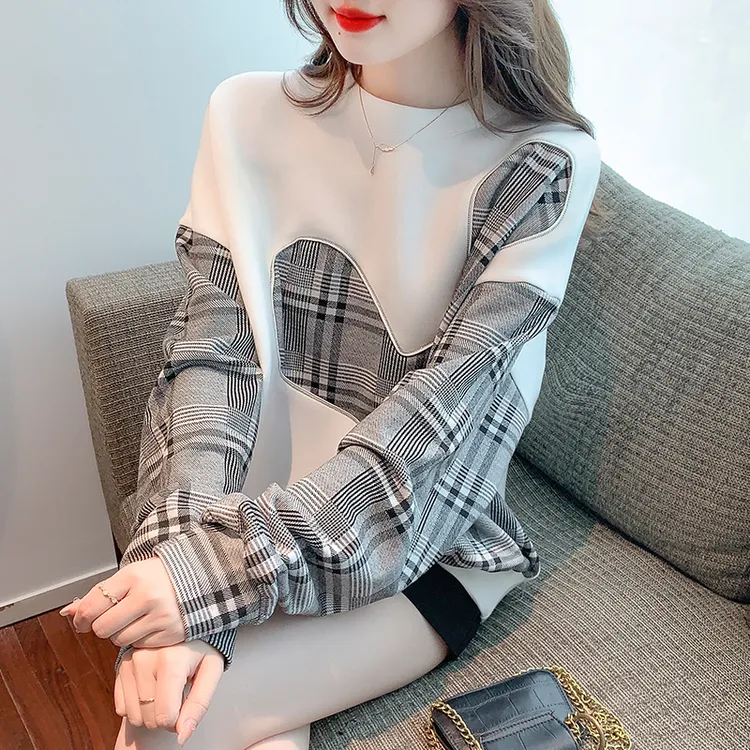 2025春秋女款设计感格子拼接圆领卫衣女士高级感慵懒宽松薄款外套
