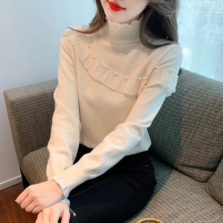 小香风半高领荷叶边针织衫女2025秋冬季新款洋气长袖内搭打底上衣