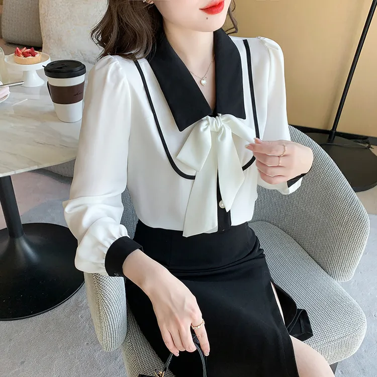 2025秋装新款V领拼接蝴蝶结长袖雪纺衫女士设计感百搭洋气小衫