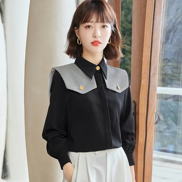 高级感千鸟格披肩长袖黑色雪纺衬衫女士2025春秋气质通勤职业衬衣