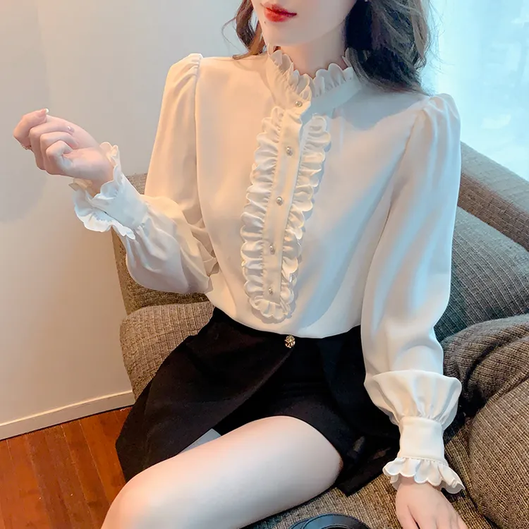 气质法式木耳边蕾丝打底衫2025早春白色立领长袖衬衫女装雪纺上衣