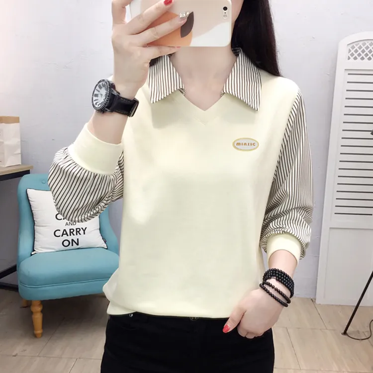 2025新款春秋冬假两件拼接T恤女加绒打底衫外穿秋衣薄款洋气上衣