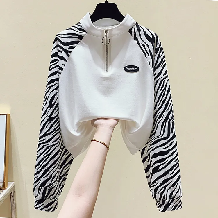 时尚个性半拉链立领卫衣女士爆款欧货上衣春秋薄款设计感豹纹长袖