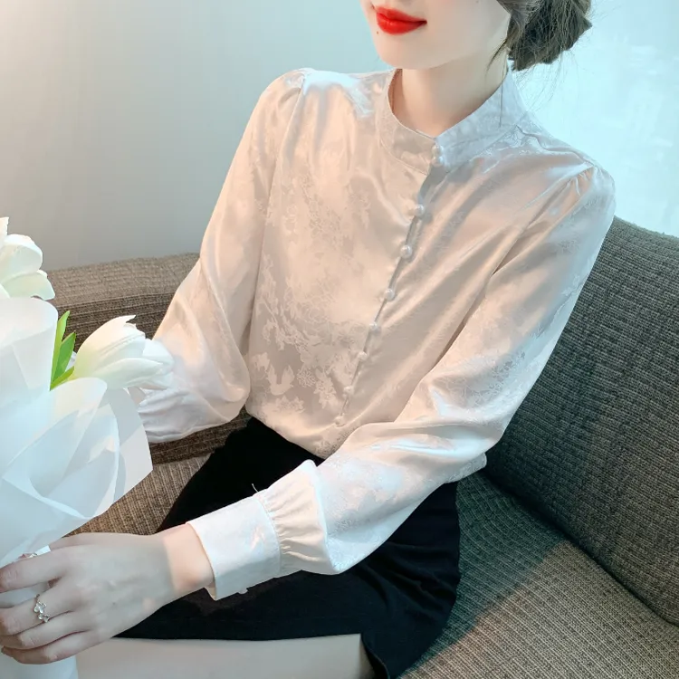 新中式立领长袖雪纺衬衫女士春秋季爆款复古气质内搭打底小衫上衣