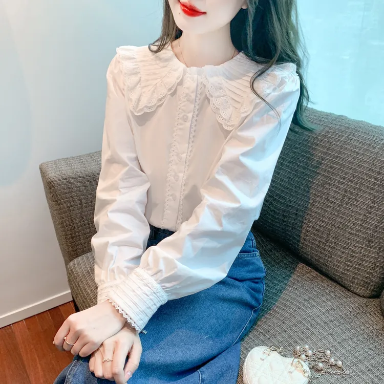 法式娃娃领长袖白色衬衫女时尚宽松显瘦上衣春秋2025新款减龄衬衣