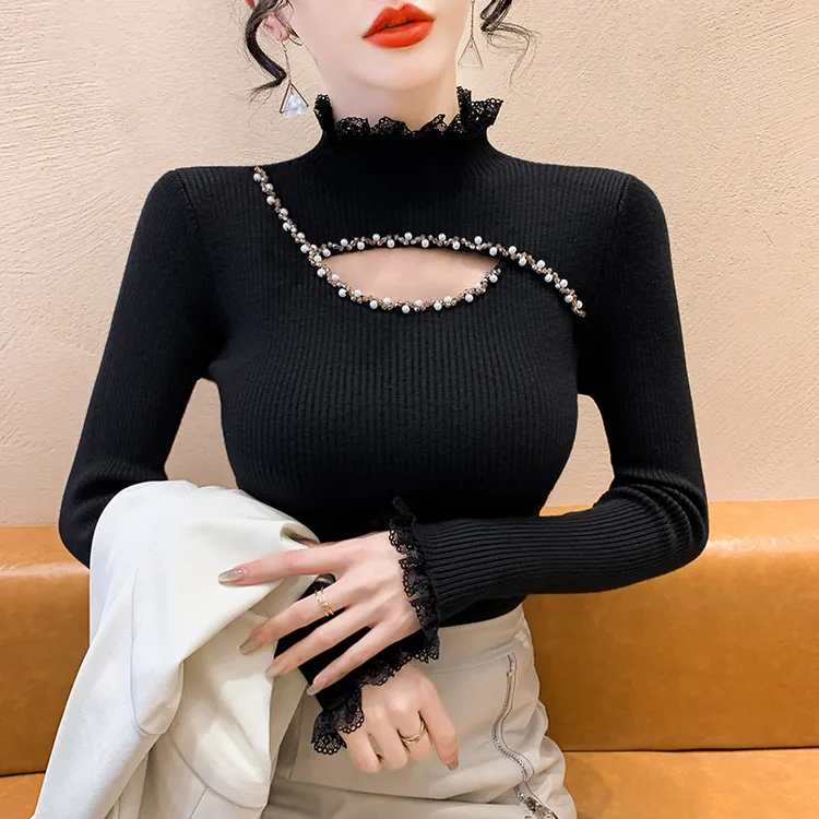 欧货高级感半高领打底毛衣女春秋新款百搭显瘦钉珠镂空内搭针织衫