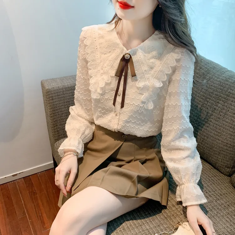 法式蕾丝长袖衬衫女士气质上衣春秋新款打底衫蝴蝶结娃娃领雪纺衫