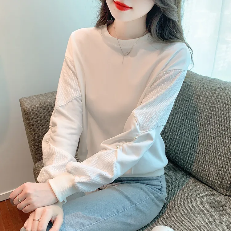 白色圆领加绒卫衣女秋冬装2025新款洋气百搭宽松减龄气质别致上衣