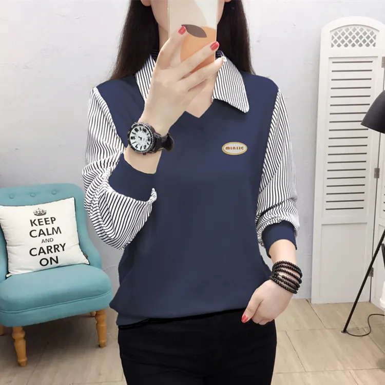 2025春秋款假两件拼接翻领卫衣女薄款打底衫外穿秋衣T恤洋气上衣