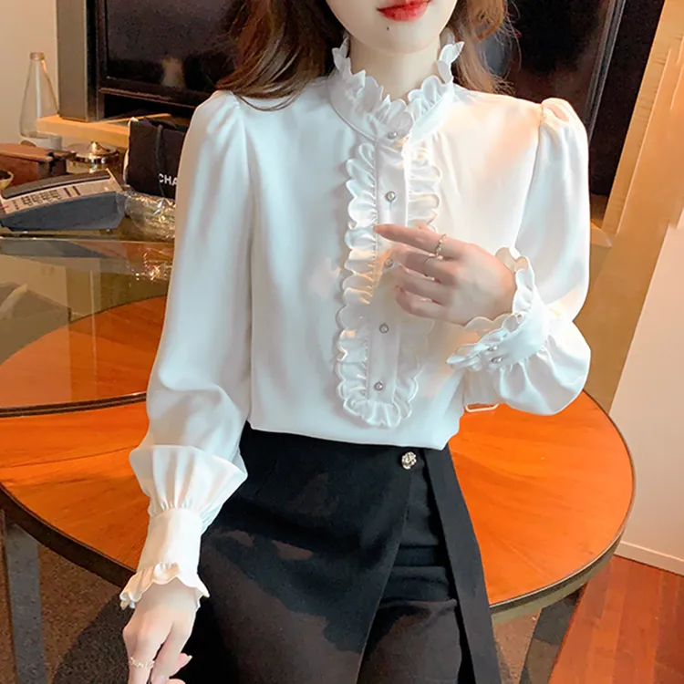 春秋法式高档木耳边立领长袖衬衫女气质宽松显瘦打底衬衣白色上衣