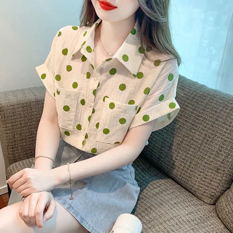 夏季气质波点polo领短袖衬衫女设计感小众显瘦衬衣洋气遮肚子上衣