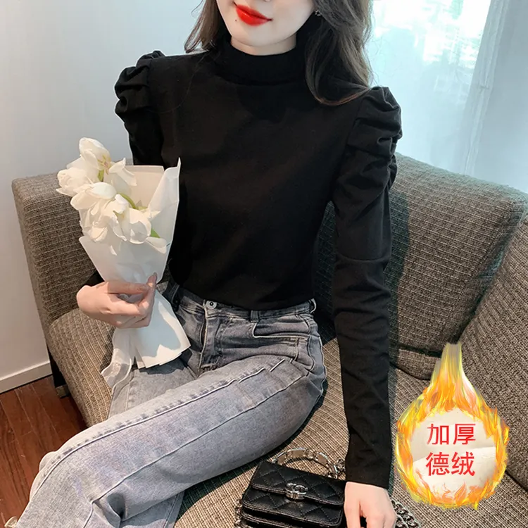 2025新款黑色德绒双面绒泡泡袖打底衫T恤女秋冬洋气修身内搭上衣