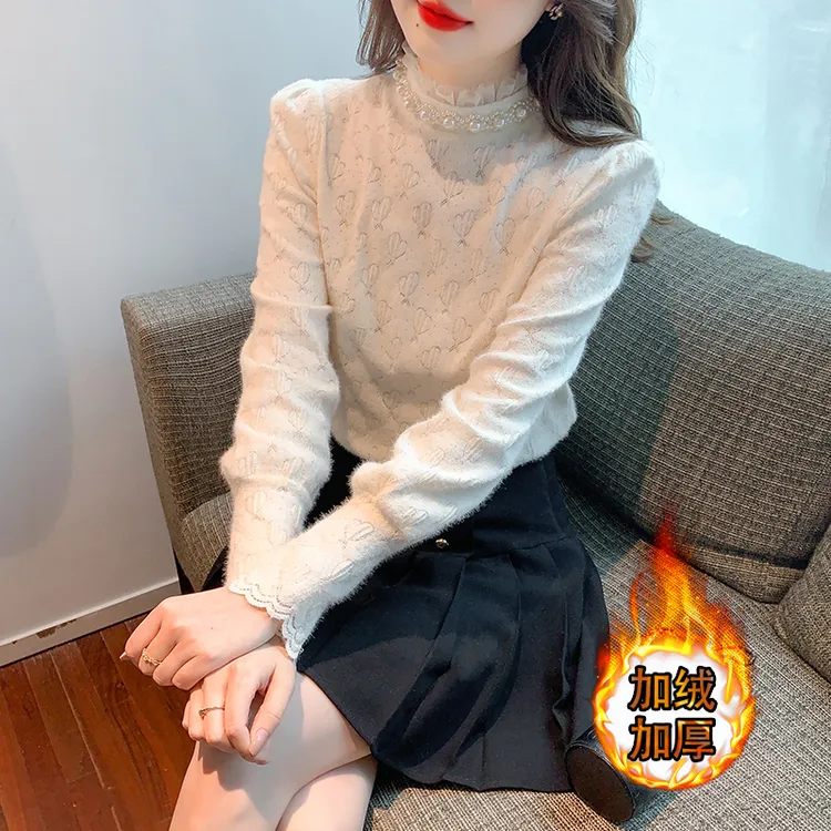 半高领加绒打底衫女秋冬季2025新款时髦洋气减龄内搭小衫蕾丝上衣