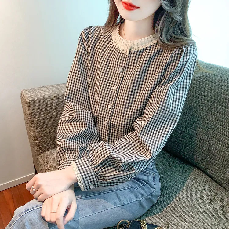 法式复古高级感格子衬衫女士2025春秋新款洋气长袖气质遮肚子上衣