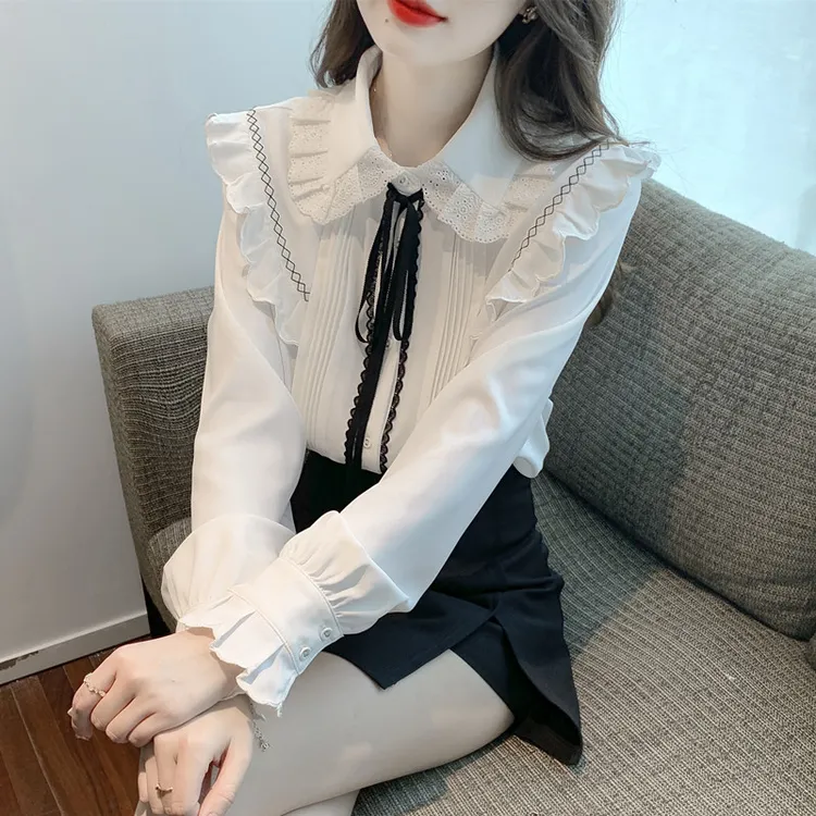 春秋季娃娃领白色雪纺衬衫女士2025爆款气质长袖打底衫法式衬衣