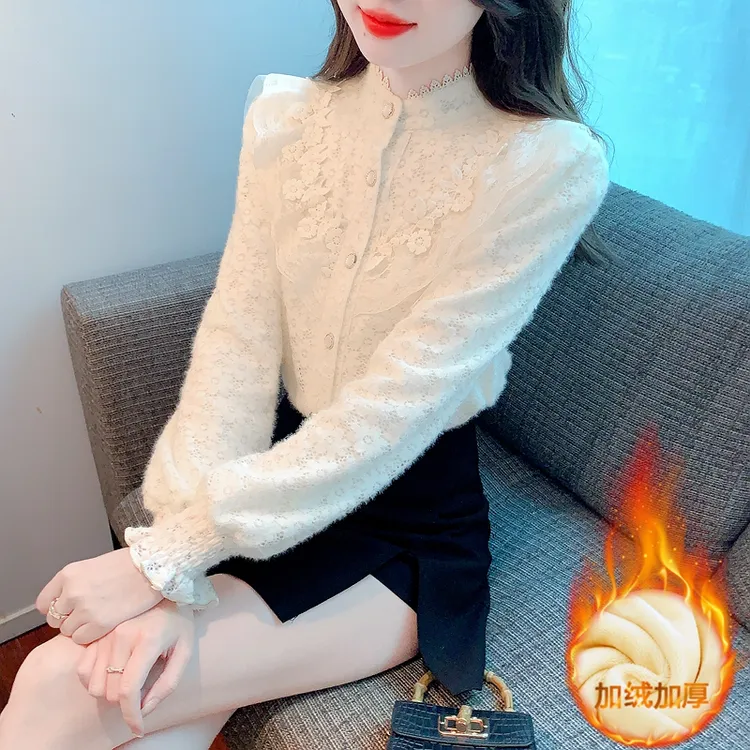 加绒加厚蕾丝打底衬衫女士秋冬2025新款法式高档长袖上衣减龄衬衣