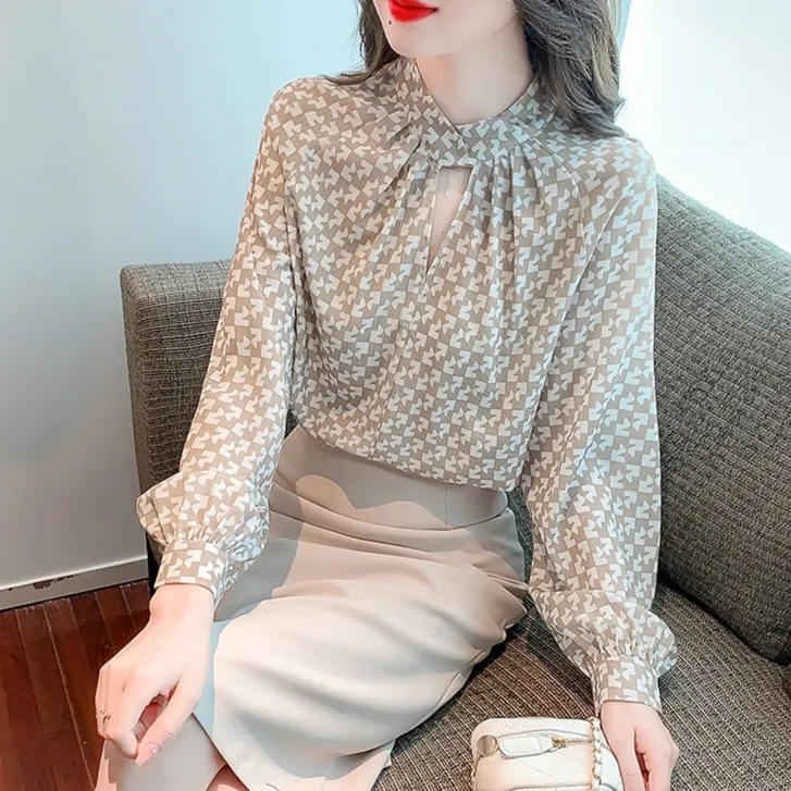 2024新款春秋高级感立领镂空泡泡长袖衬衫女士气质印花缎面雪纺衫