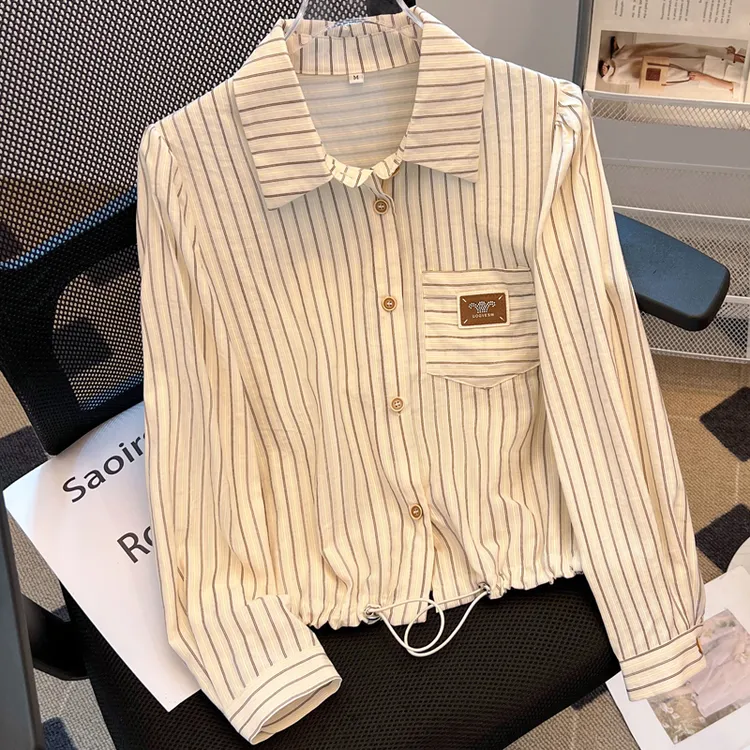 2025春秋季新款时尚气质polo领条纹长袖衬衫女设计感通勤抽绳上衣