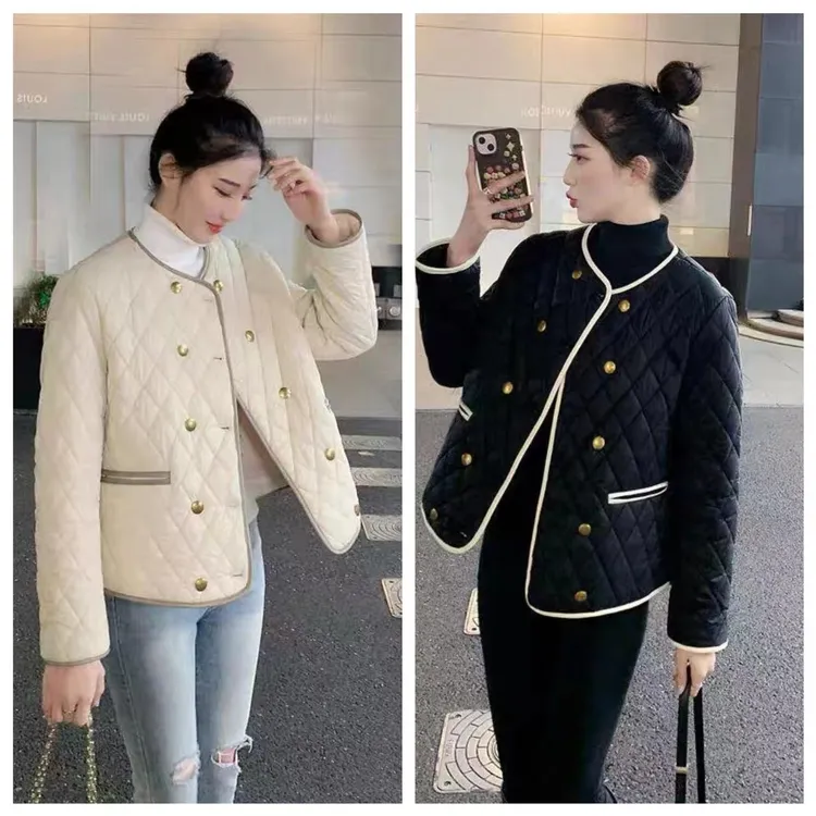 早秋冬季110-200斤大码女装小香风双排扣显瘦棉衣外套轻薄棉服