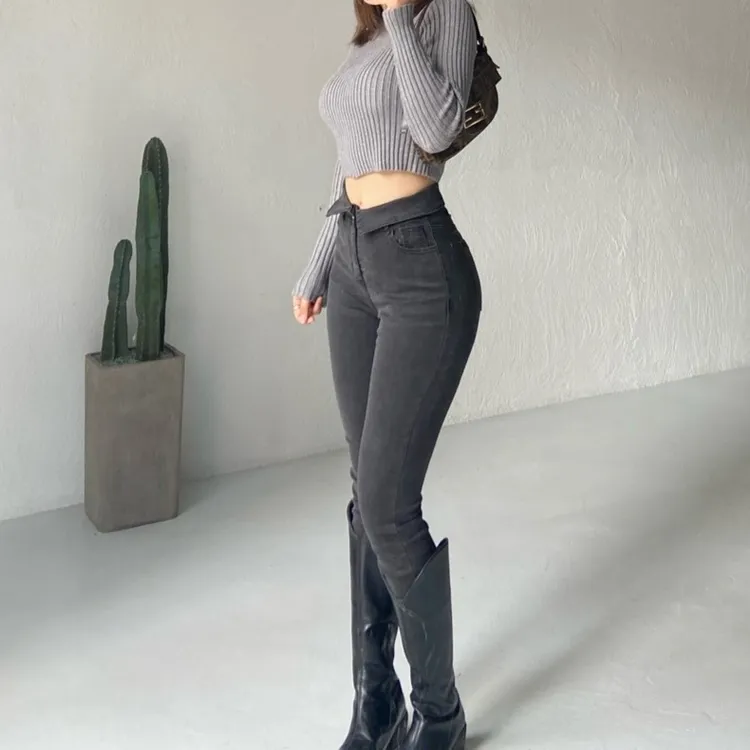 WUDASHEN 折边高腰烟管裤小脚裤紧身高弹力牛仔裤时尚外穿微喇
