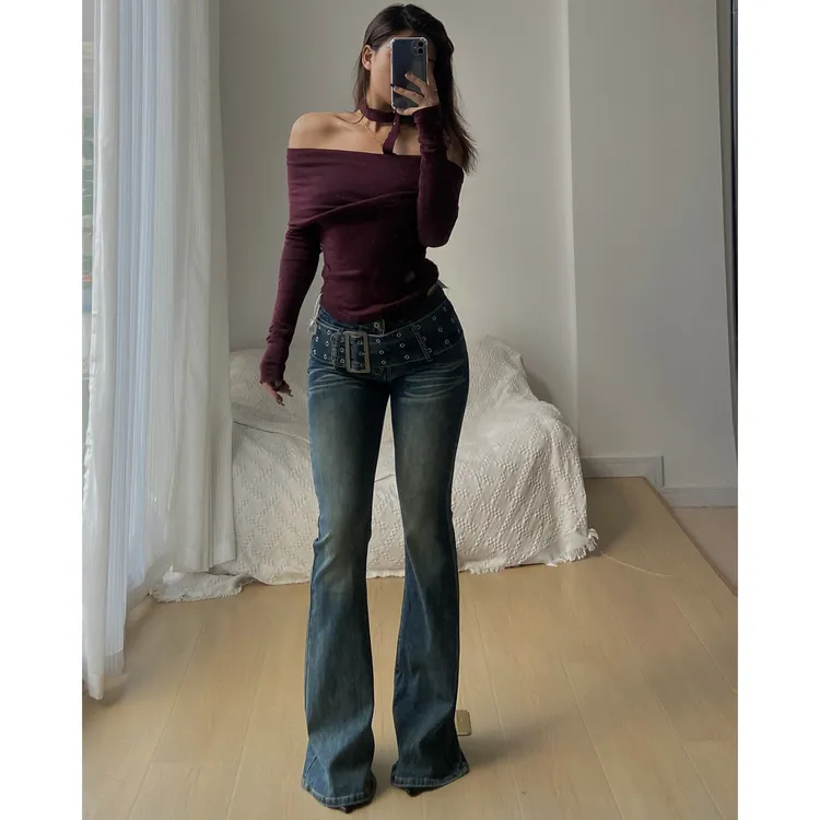 WUDASHEN 大皮带设计口Acup宽腰带修身牛仔裤女复古感辣妹微喇裤