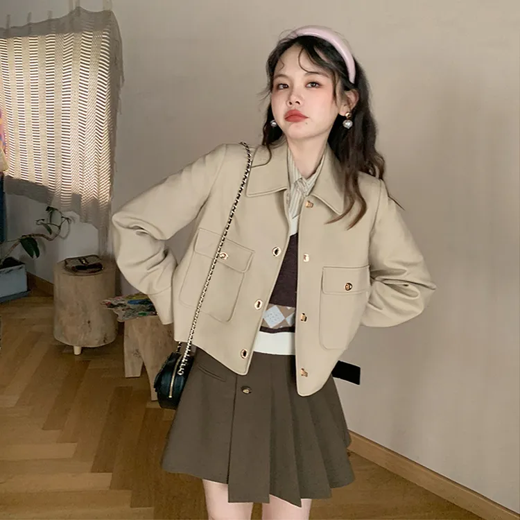 金扣皮衣外套女2024新款气质宽松休闲机车外套小个子短款pu皮夹克