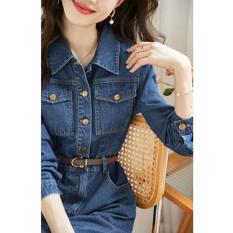 2024春秋季新款韩版显瘦牛仔连衣裙女中长款休闲口袋收腰休闲裙子