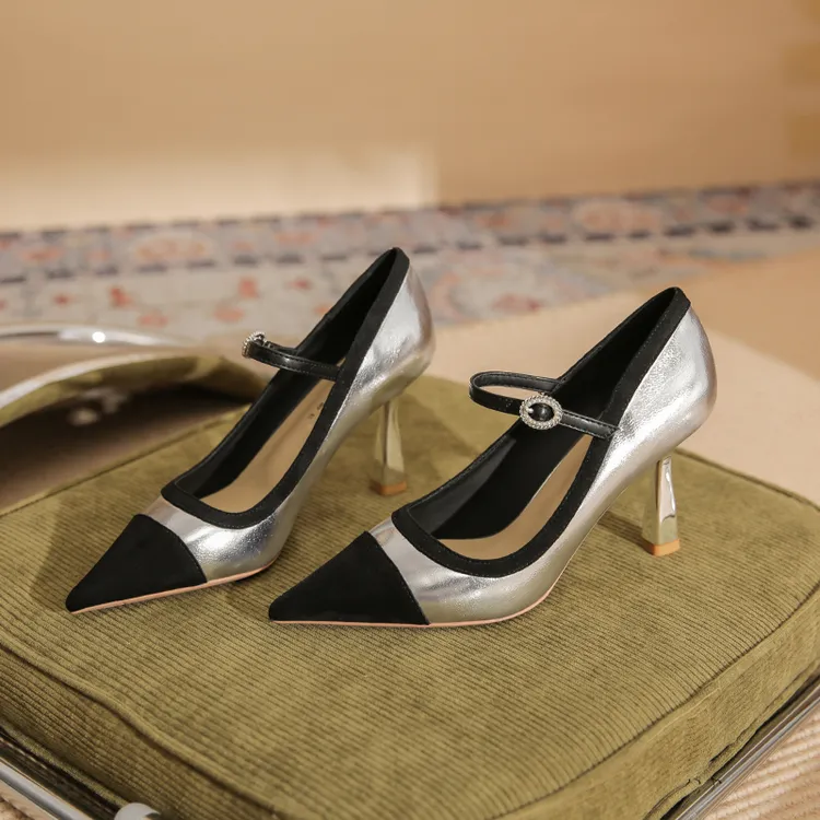 浅口法式高跟鞋女尖头细跟单鞋气质漆皮百搭黑色性感设计感夏季