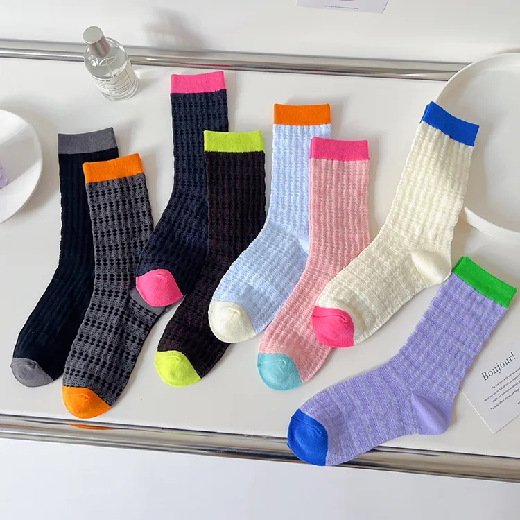 夏季袜子女薄款镂空网眼透气彩色中筒袜夏天复古网红撞色堆堆长袜