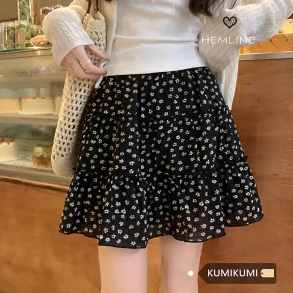 碎花系带荷叶边松紧高腰半身裙女2025夏季新款韩版显瘦a字短裙子