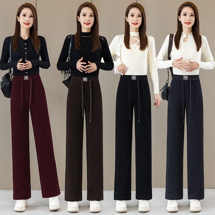 安哥拉红阔腿裤高腰窄版直筒裤显瘦休闲保暖秋冬百搭新中式女裤